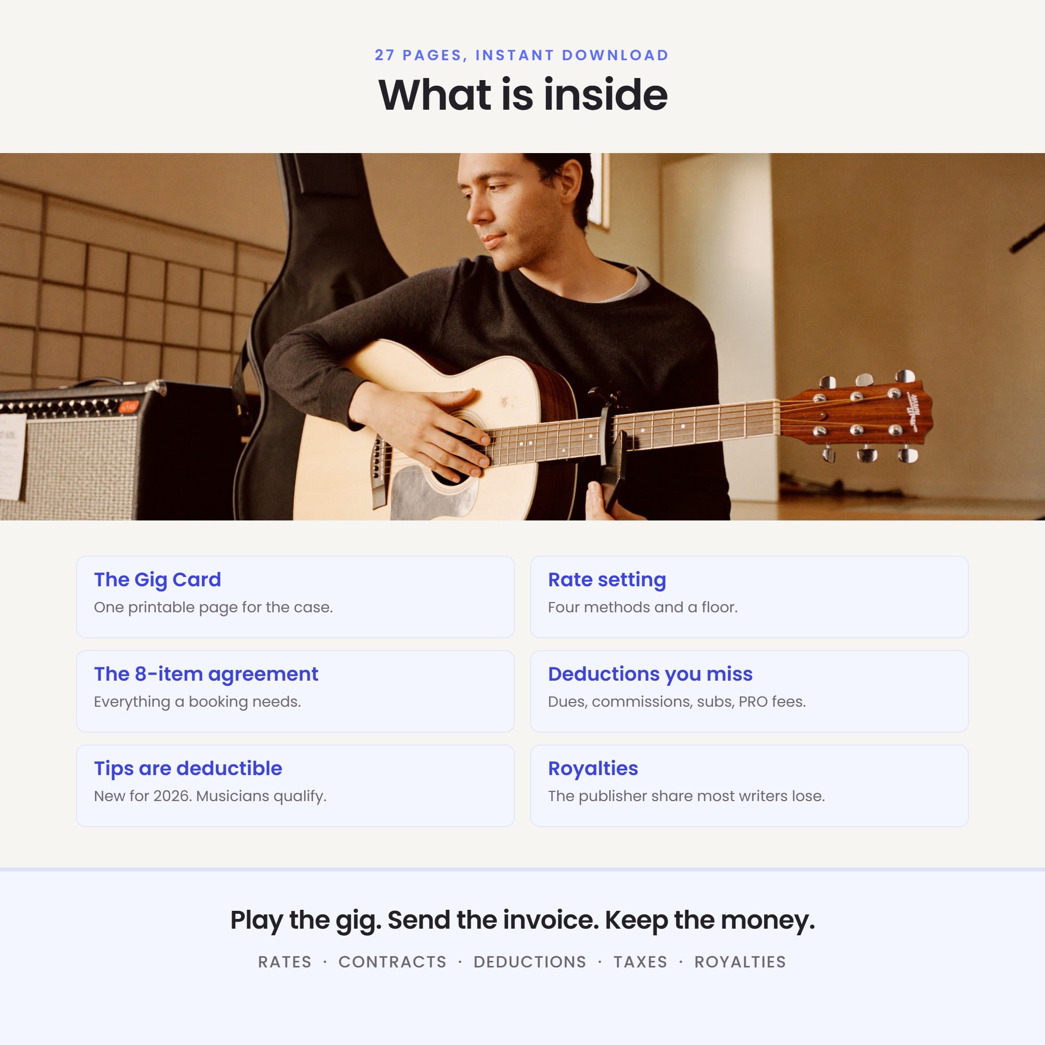 What is inside: the Gig Card, rate setting, the eight-item agreement, deductions musicians miss, the tips deduction, and royalties.