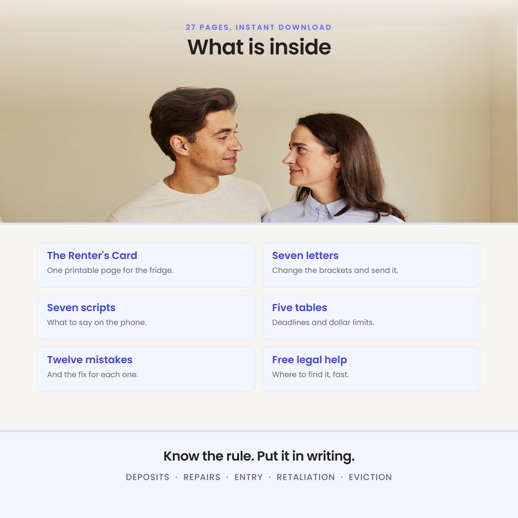 What is inside: the Renter's Card, seven letters, seven scripts, five tables, twelve mistakes, and where to find free legal help.