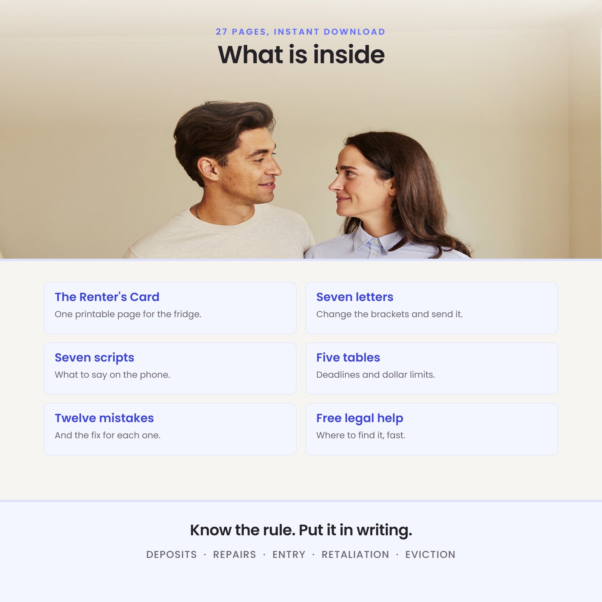 What is inside: the Renter's Card, seven letters, seven scripts, five tables, twelve mistakes, and where to find free legal help.