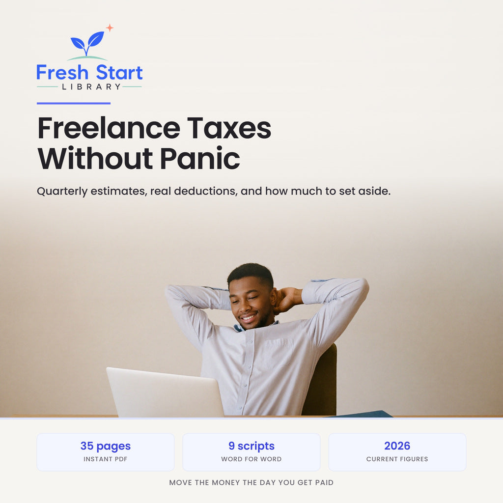Freelance Taxes Without Panic: quarterly estimates, real deductions, and how much to set aside. A 35-page Fresh Start Library guide with 2026 figures.