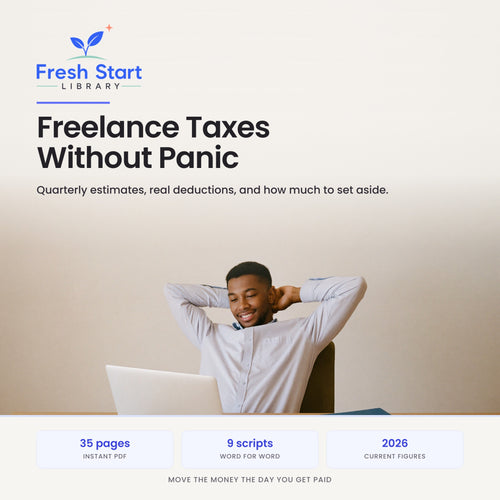 Freelance Taxes Without Panic: quarterly estimates, real deductions, and how much to set aside. A 35-page Fresh Start Library guide with 2026 figures.