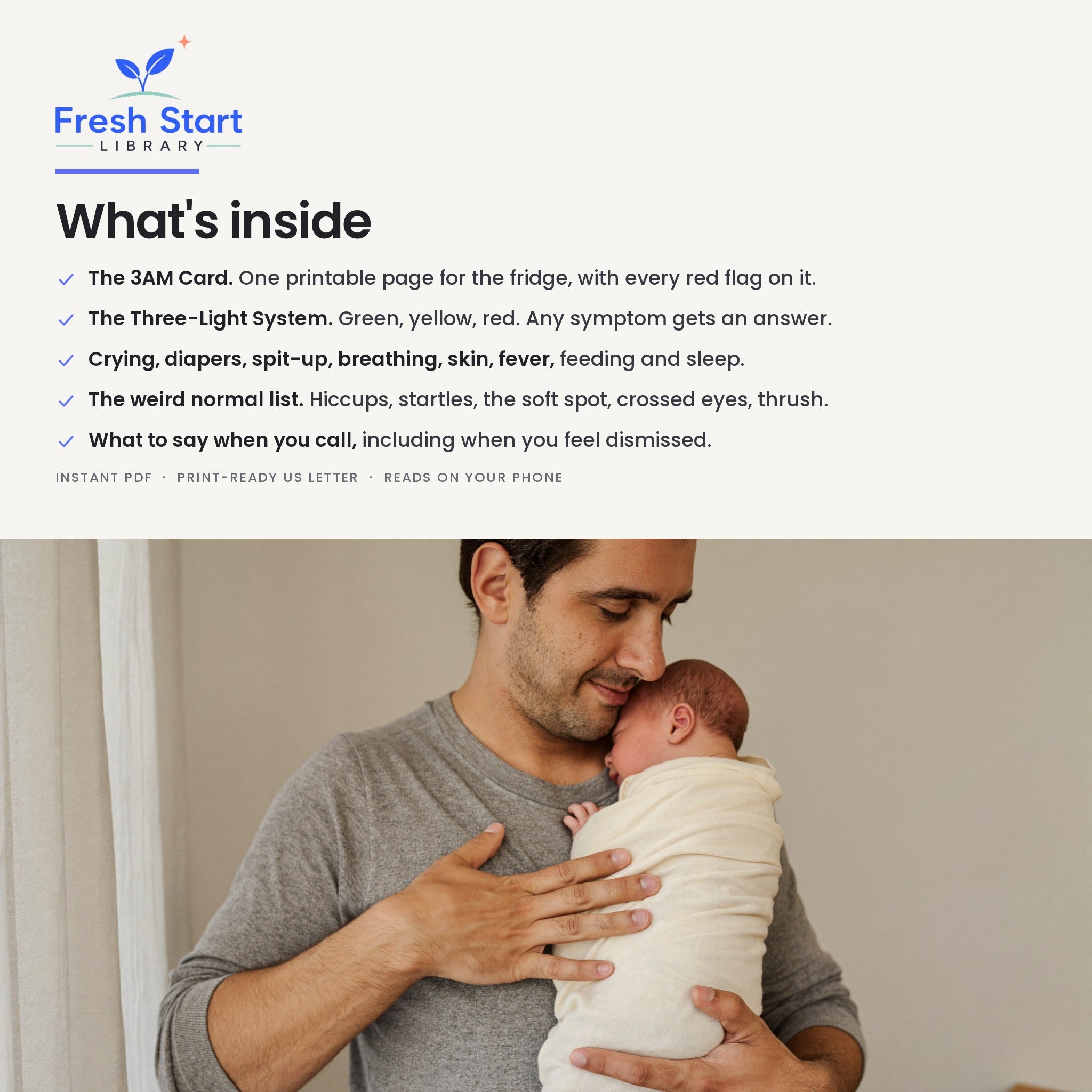 What is inside: the 3AM Card, the Three-Light System, crying, diapers, breathing, fever, the weird normal list, and what to say when you call.