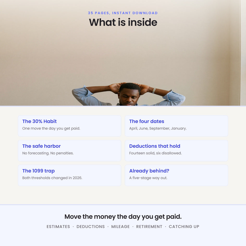 What is inside: the 30 percent habit, the four payment dates, the safe harbor, deductions that hold, the 1099 trap, and how to catch up if behind.