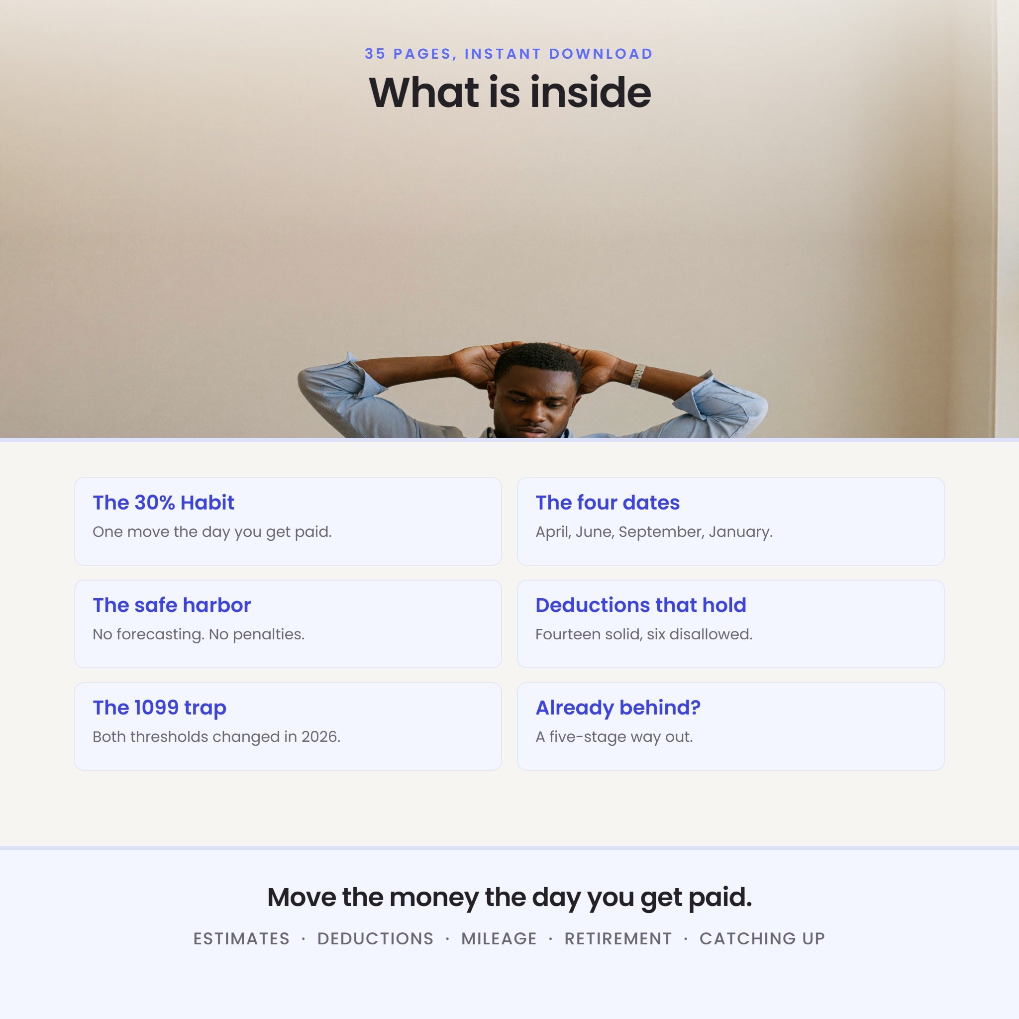 What is inside: the 30 percent habit, the four payment dates, the safe harbor, deductions that hold, the 1099 trap, and how to catch up if behind.